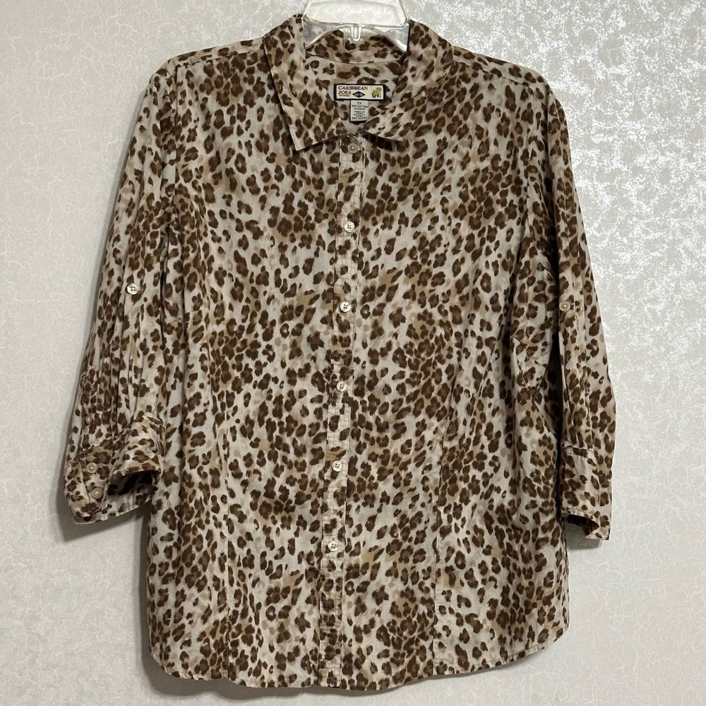 Caribbean Joe Camp Shirt Brown Leopard Print Roll Tab Sleeve Cotton Safari Sz 1X